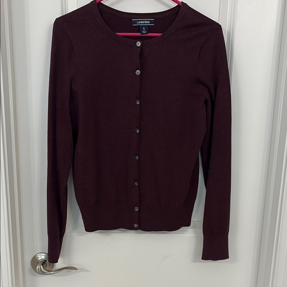 Lands' End Maroon Cardigan Sweater Classic Knit